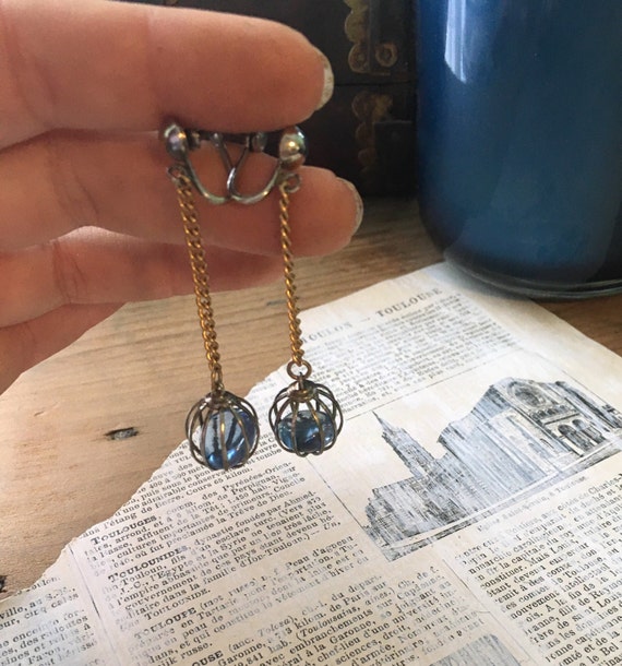 Vintage Mod Caged Crystal Bead Earrings - Blue Mi… - image 5