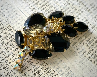 Broche de hojas de diamantes de imitación vintage / Mod Midcentury Sixties Black Givre Aurora Borealis Pin
