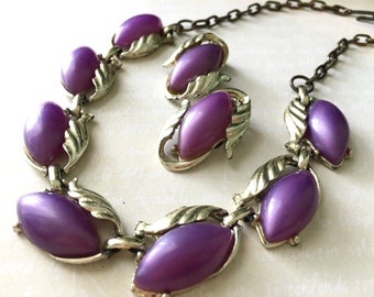 Vintage Purple Lucite Collar Demi Parure / Pinup Vintage Wedding Prom Jewelry Lilac / Clip Pendientes