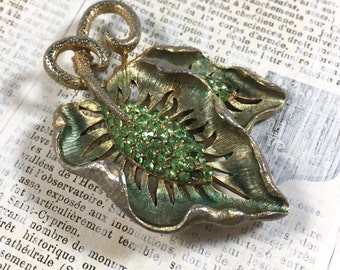 Vintage verde floral Rhinestone broche - Mod medio siglo hojas Pave Pin