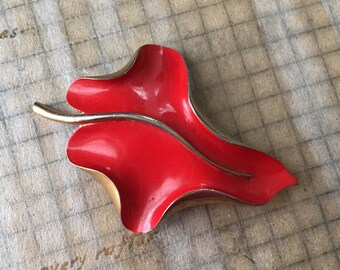 Rote Emaille Blatt Brosche | Emaille Goldtone Jugendstil