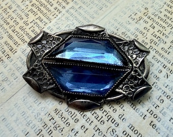 Antike Edwardian Blaue Glas Brosche | Vintage Strukturierte Silber Kobalt Deco Pin | Kunsthandwerk