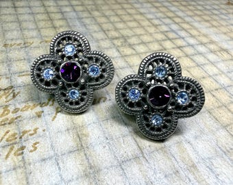 Pendientes vintage con pedrería / Pendientes de clip de plata / Diseño de trébol en tonos pastel