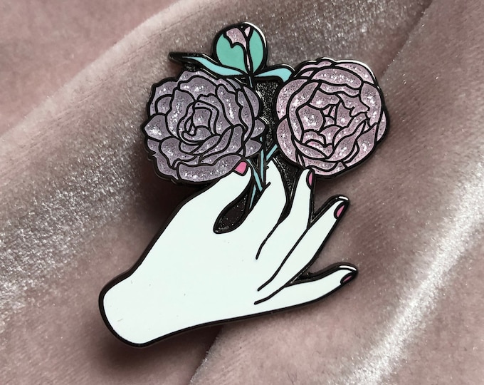 3 Flowers Pin Holding Hands Lapel Pin Holding Peonies Etsy