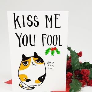 Cartão de Natal do Gato Mal-humorado// Cartão de Natal do Gato Engraçado // Cartão do Gato Feliz Natal // Cartão Beije-me, Seu Tolo