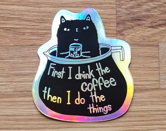 Cat Coffee  Sticker // Grumpy Black Cat Sticker // Cat Coffee Sticker