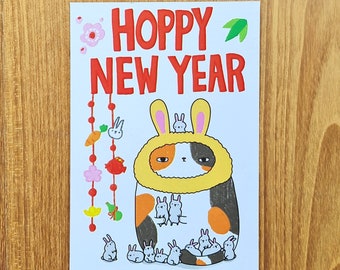 Lunar New Year Postcard // Happy Chinese New Year Postcard // cat rabbit hoppy new year