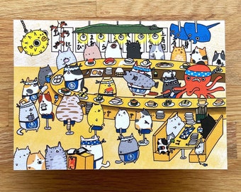 Kitty Sushi Restaurant Funny Silly Postcard