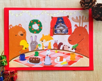 Woodlands Christmas Postcard // gift giving postcard // Cute Animals Christmas postcard