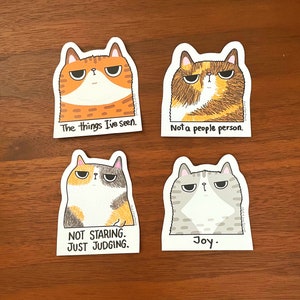Puede incluir: Cuatro pegatinas de gatos con diferentes expresiones y texto. La primera pegatina muestra un gato atigrado marrón con el texto "The things I've seen." La segunda pegatina muestra un gato calico con el texto "Not a people person." La tercera pegatina muestra un gato calico con el texto "NOT STARING. JUST JUDGING." La cuarta pegatina muestra un gato atigrado gris con el texto "Joy."