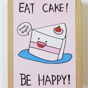 Glücklich, leckeren Kuchen dumme Postkarte Kuchen essen glücklich sein