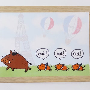 Cartão Postal Olá Bonjour Cute French Boar Pig Piglets Paris