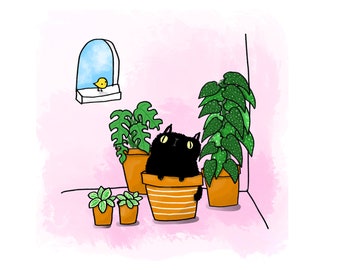 Cute Cat Plant Print // Black Cat Print // Cat and plants Print // Home Print