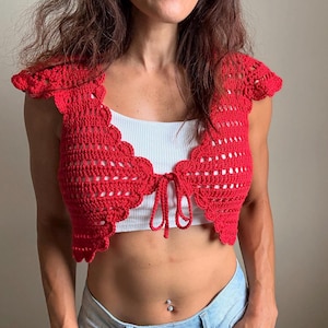 red crochet cropped jacket, bolero