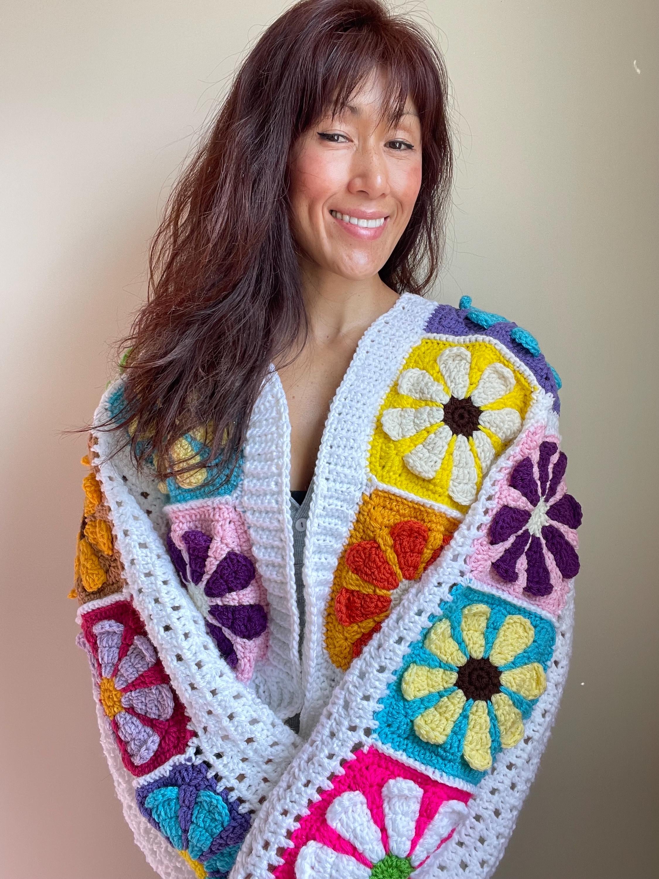 Retro Daisy Granny Square Crochet Cardigan, Vintgae Granny Square