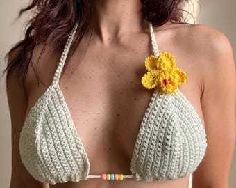 Handmade White Crochet Bikini Top, Cotton Halter Top, Removable Flower, Boho Festival Beachwear
