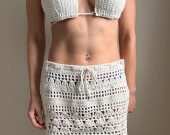 Handmade Crochet Mini Skirt: Cream White Cotton Beach Cover-Up