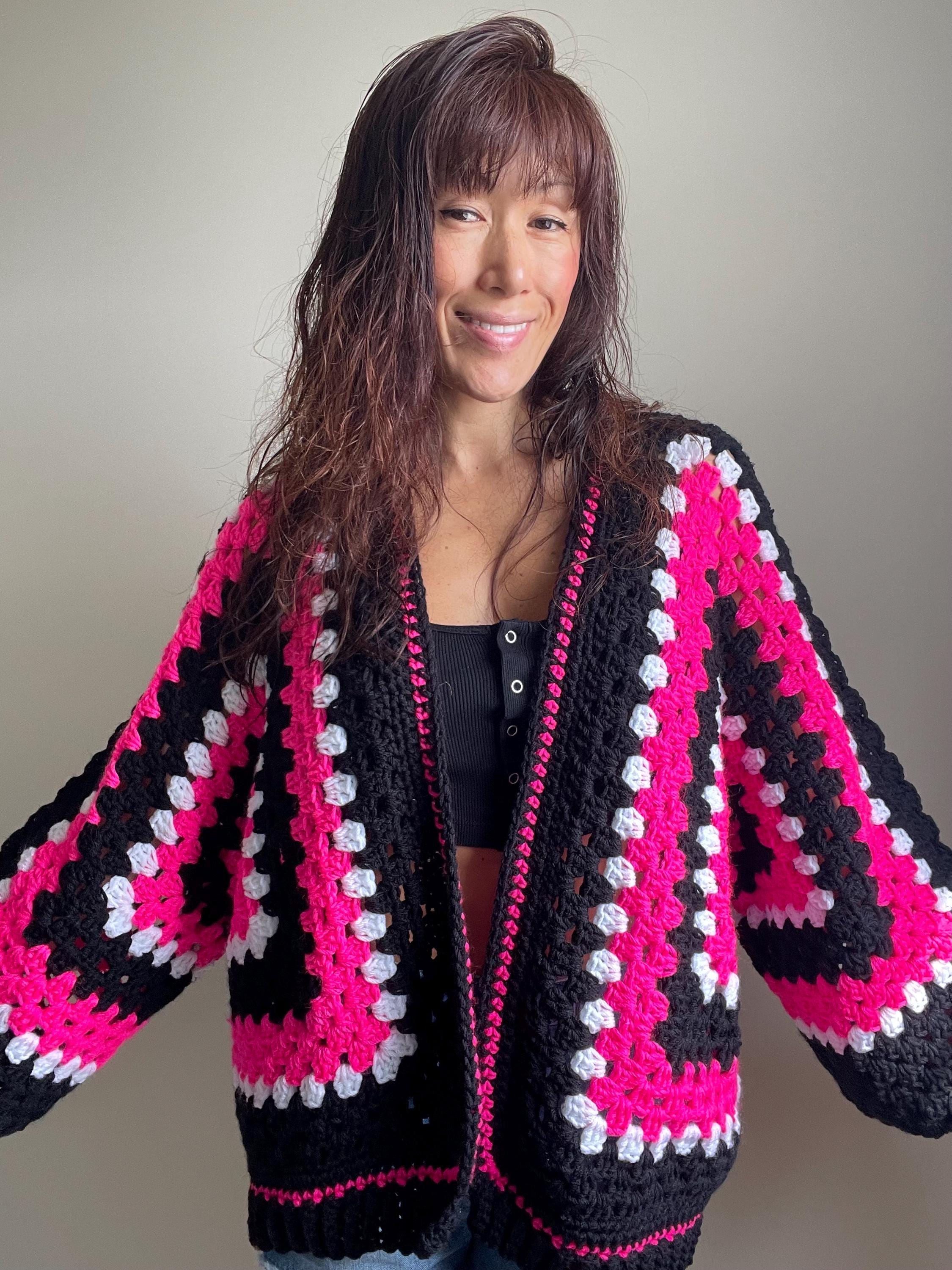 Kuromi Inspired Pink and Black Hexagon Crochet Cardigan, Chunky
