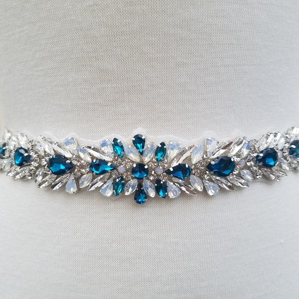Something Blue Wedding Belt, Bridal Belt, Sash Belt, Clear & Blue Sapphire colored Rhinestones  - Style B23800SAP