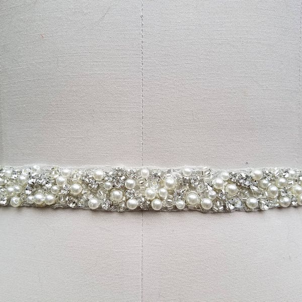 SALE - Wedding Belt, Bridal Belt, Sash Belt, Crystal Rhinestone & Off White Pearls  - Style B30887