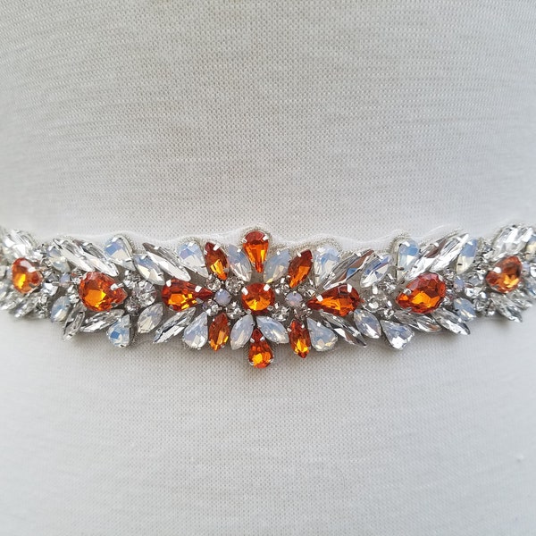 Wedding Belt, Bridal Belt, Sash Belt, Clear & Orange Crystal Rhinestones  - Style B23800ORA