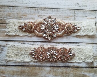 Sale -Wedding Garter and Toss Garter-Crystal Rhinestones & Pearls with Rose Gold Setting Garter Set - Style G37001RG