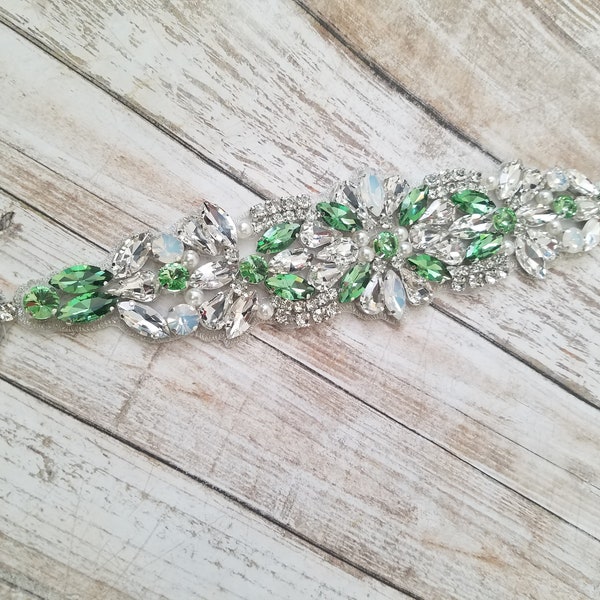 Wedding Belt, Bridal Belt,  Sash Belt, Clear, Opals  & Light Green Crystal Rhinestones  - Style B200999GR