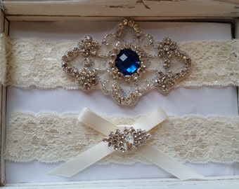 Wedding Garter, Bridal Garter, Garter  Set - Something Blue on a Ivory Lace with Rhinestone - Style G2033B3