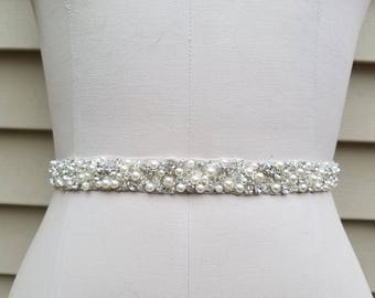 SALE - Wedding Belt, Bridal Belt, Sash Belt, Crystal Rhinestone & Off White Pearls  - Style B30887