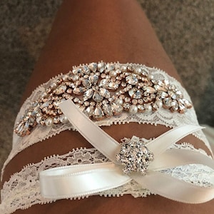 2 Garters Wedding Garter and Toss Garter-Crystal Rhinestone with Rose Gold Details IVORY Garter Set Style G3091RG image 1