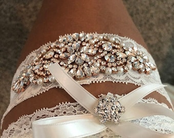 2 Garters -Wedding Garter and Toss Garter-Crystal Rhinestone with Rose Gold Details - IVORY Garter Set - Style G3091RG