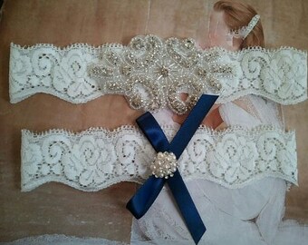 Wedding Garter Set - Crystal Rhinestones & Navy Blue Bow with Pearl/Rhinestone details on a Stretch White Lace - Style G5030