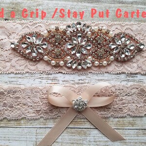 2 Garters Wedding Garter and Toss Garter-Crystal Rhinestone with Rose Gold Details IVORY Garter Set Style G3091RG image 3