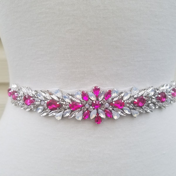 Wedding Belt, Bridal Belt, Sash Belt, Clear & HOT PINK colored Crystal Rhinestones  - Style B23800HP