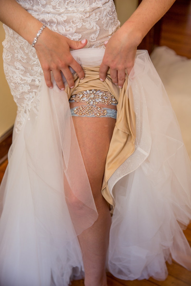 2 GARTERS Wedding Garter and Toss Garter-Crystal Rhinestones with Rose Gold Details Wedding Garter Set Style G90770 image 2