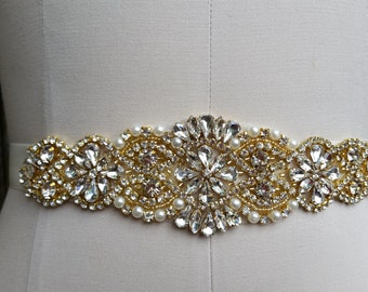 Wedding Belt, Bridal Belt, Sash Belt, Crystal Rhinestone & Off White Pearls with Gold Details  - Style B200099G