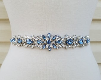 Something Blue Wedding Belt, Bridal Belt, Sash Belt, Clear & Blue Crystal Rhinestones  - Style B23800BL