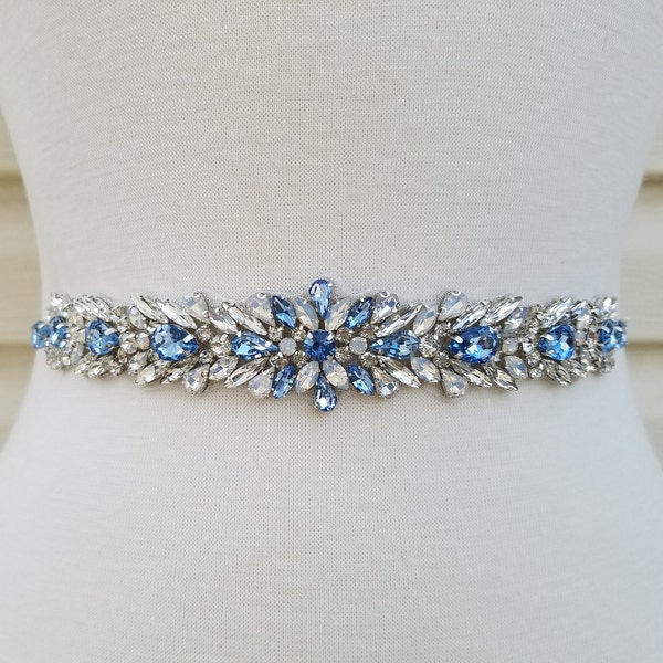 Something Blue Wedding Belt, Bridal Belt, Sash Belt, Clear & Blue Crystal Rhinestones  - Style B23800BL