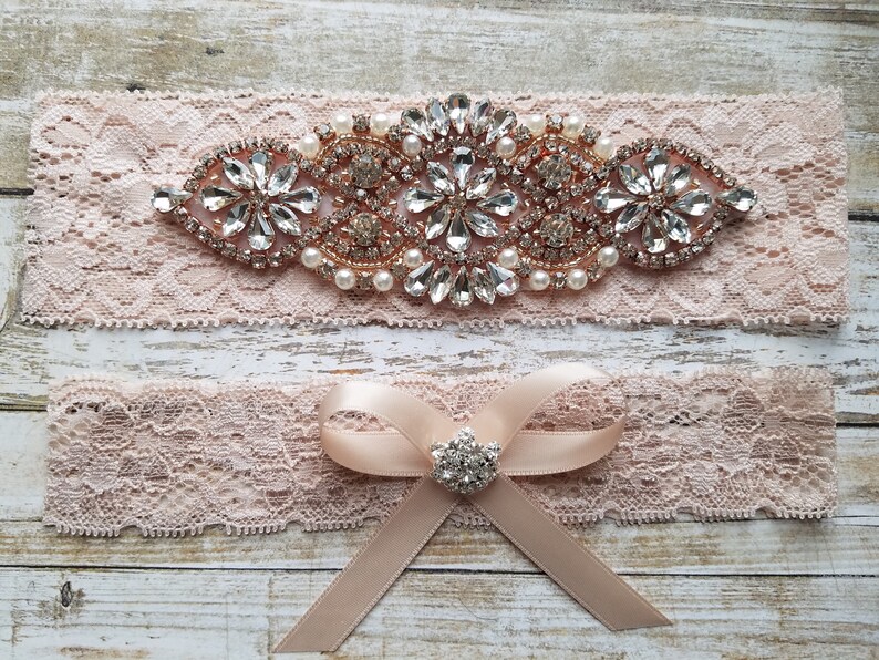 2 Garters Wedding Garter and Toss Garter-Crystal Rhinestone with Rose Gold Details IVORY Garter Set Style G3091RG image 4