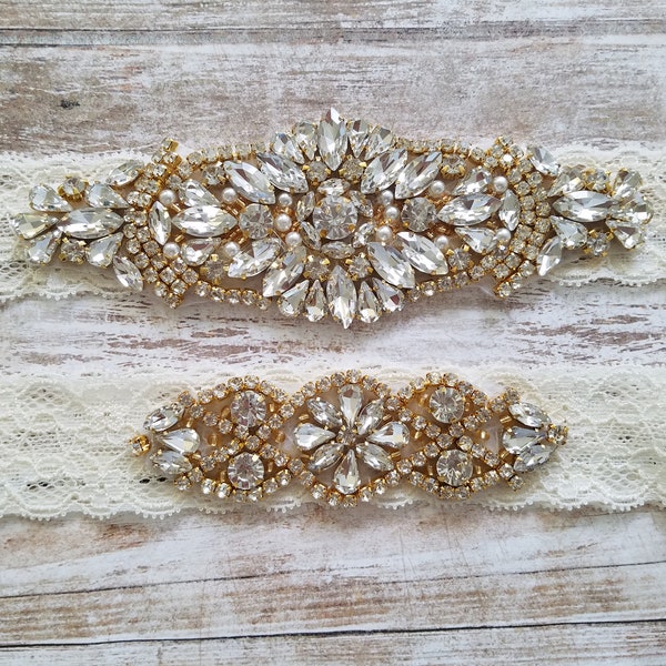 2 giarrettiere - Giarrettiera nuziale e strass di cristallo con dettagli cornice ORO - Set giarrettiera nuziale AVORIO - Stile G90770G