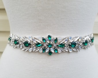 Wedding Belt, Bridal Belt, Sash Belt, Clear & Green Crystal Rhinestones  - Style B23800GR