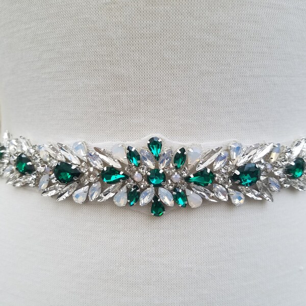 Wedding Belt, Bridal Belt, Sash Belt, Clear & Green Crystal Rhinestones  - Style B23800GR