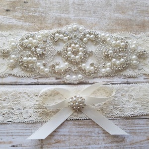 2 Garters Wedding Garter, Bridal Garter, Garter Set Crystal Rhinestone & Pearls Style G8001IVO image 5