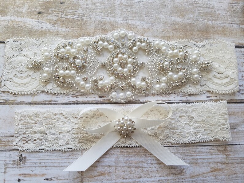 2 Garters Wedding Garter, Bridal Garter, Garter Set Crystal Rhinestone & Pearls Style G8001IVO image 5