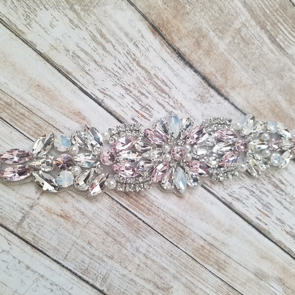 Wedding Belt, Bridal Belt,  Sash Belt, Clear, Opals  & Baby Pink Crystal Rhinestones  - Style B200999BP