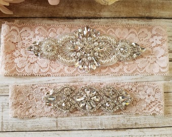 Sale -Wedding Garter and Toss Garter-Crystal Rhinestones & Pearls - BLUSH Garter Set - Style G20988