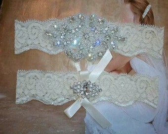 SALE -Shop Best Seller - Bridal Garter Set - Crystal Rhinestone on a Ivory Lace - Style G2047