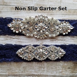 Sale -Wedding Garter and Toss Garter-Crystal Rhinestone - Navy Blue Garter Set - Style G37000CR