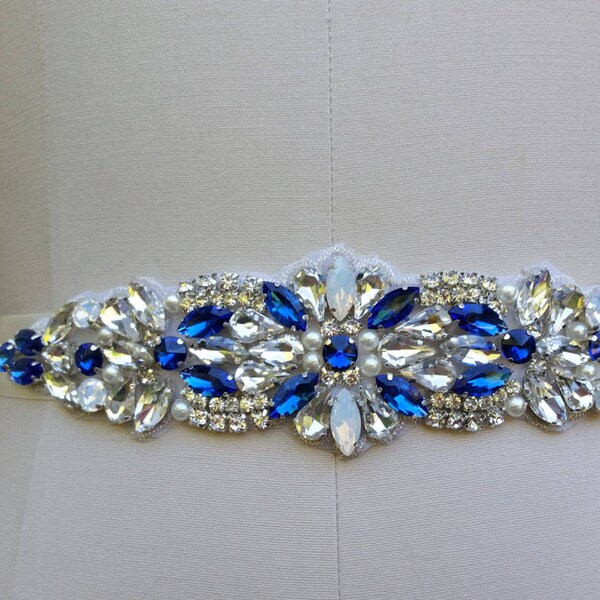 Something Blue Wedding Belt, Bridal Belt, Sash Belt, Clear & Blue Crystal Rhinestones  - Style B200999BL