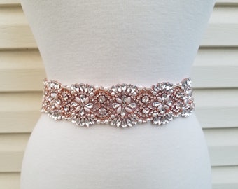 SALE - Wedding Belt, Bridal Belt, Sash Belt, Crystal Rhinestone & Off white Pearls with Rose Gold Accents- Style B78888RG